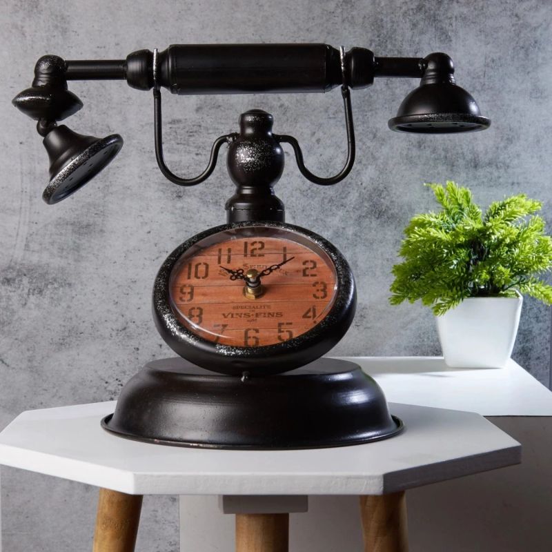 Wood Vintage Telephone Tabletop Clock for Decorative