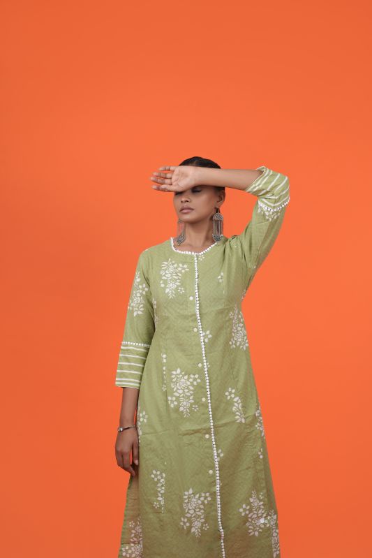 Ladies Light Green & White Cotton Kurti