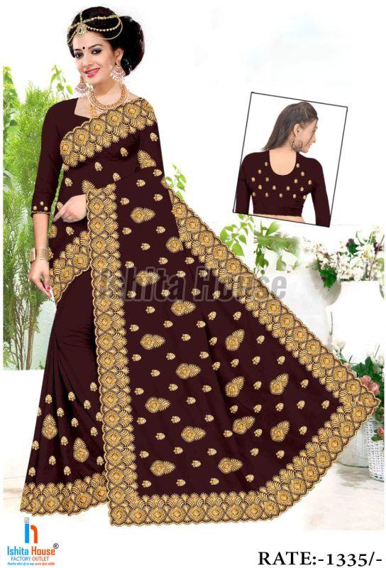 Ladies Brown Heavy Work Embroidery Saree