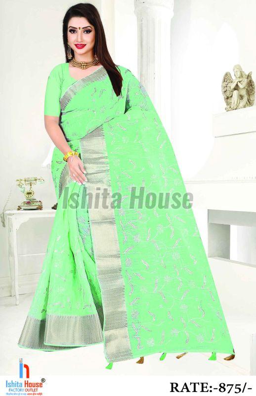 Ladies Light Green Cotton Silk Saree