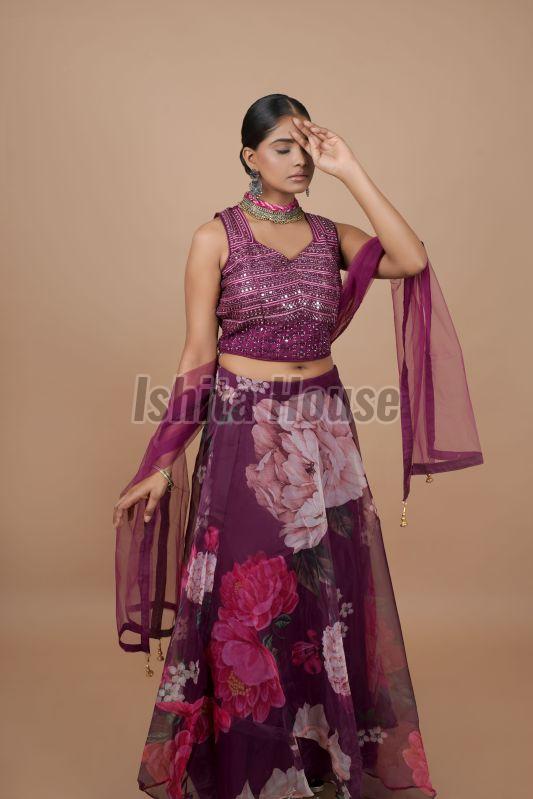 Ladies Maroon Organza Lehenga Choli