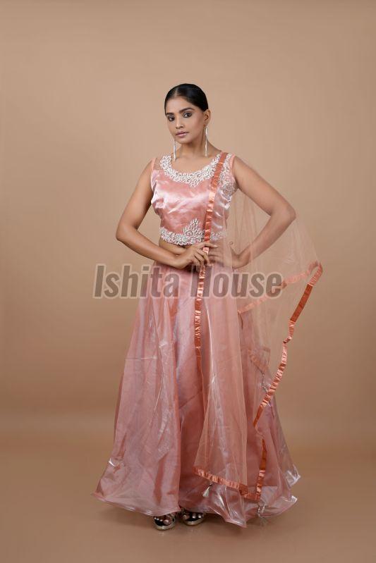 Ladies Peach Satin Lehenga Choli