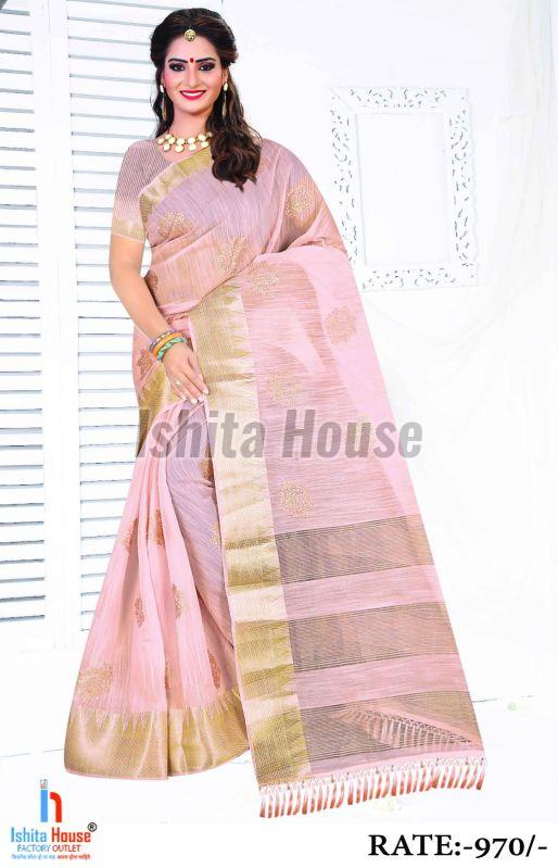 Ladies Pink & Golden Cotton Silk Saree