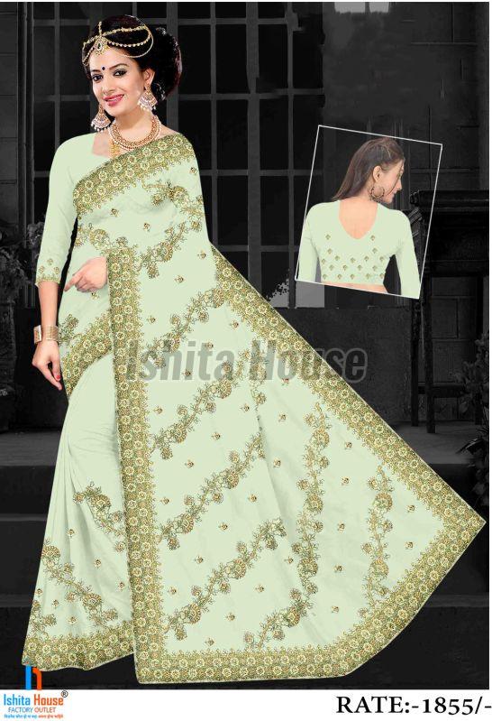 Ladies Pista Green Heavy Work Embroidery Saree