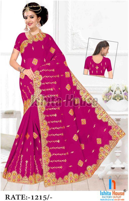 Ladies Rani Pink Heavy Work Embroidery Saree