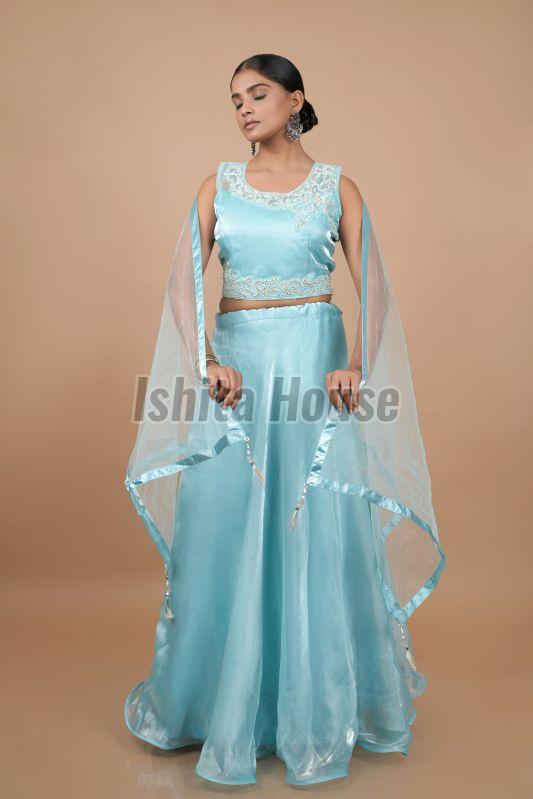 Ladies Sky Blue Satin Lehenga Choli