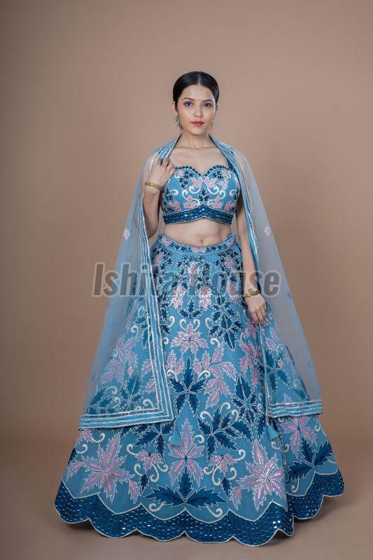 Ladies Teal Blue Heavy Embroidery Work Lehenga Choli