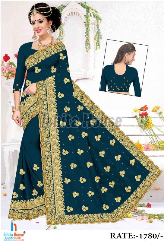 Ladies Teal Blue Heavy Work Embroidery Saree