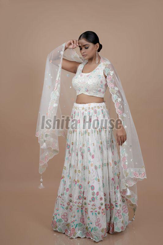 Ladies White Embroidery Work Lehenga Choli