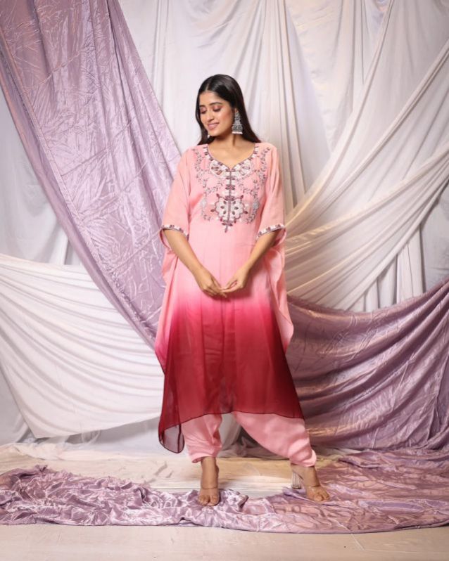 Shaded Mirror Work Kaftan Kurta Dhoti Pant Set