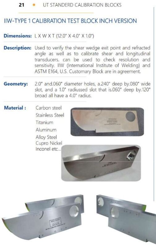 IIW-TYPE 1 CALIBRATION TEST BLOCK INCH VERSION