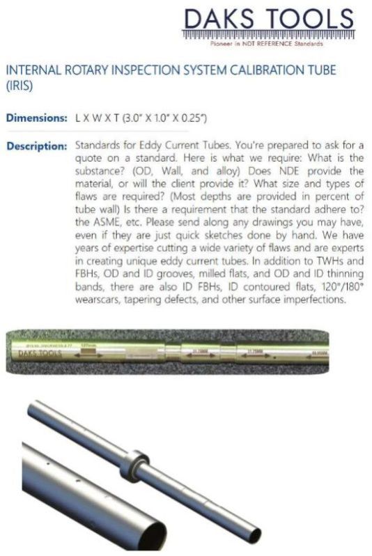 INTERNAL ROTARY INSPECTION SYSTEM CALIBRATION TUBE (IRIS)