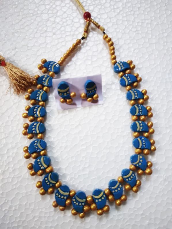 Hand Made Blue Golden Terracotta Jewellery Necklace Set