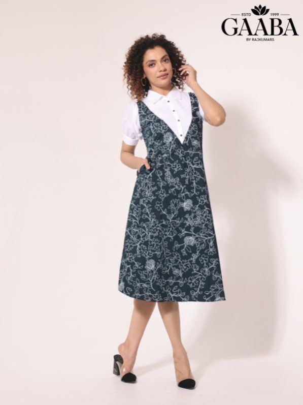 Casual Dress -Cotton White Shirt Attached With Blue Printed Dress