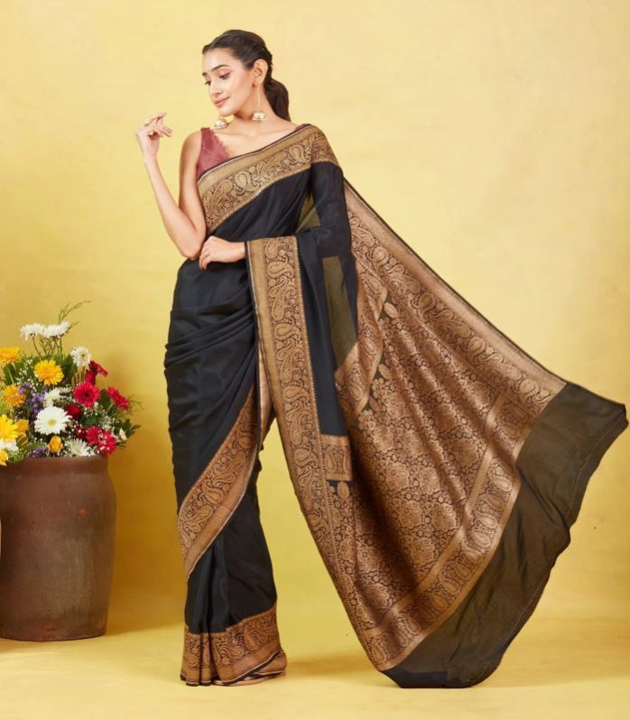 Black Banarasi Georgette Saree With Plain Body &AMP;AMP; Zari Border