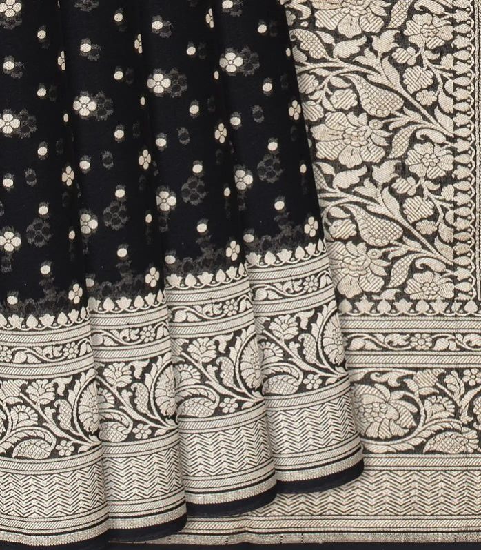 Black Handloom Banarasi Khaddi Georgette Saree With Floral Motifs