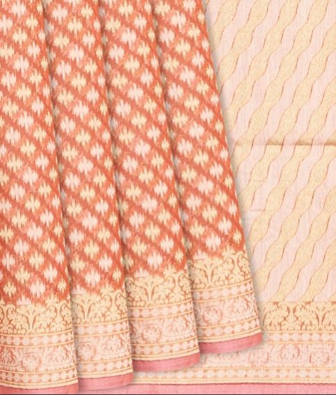 Peach Handloom Banarasi Cotton Saree With Triangle Motifs