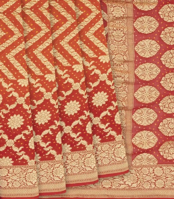 Red Handloom Banarasi Bandhani Khaddi Georgette Saree With Floral Jaal &AMP;AMP; Chevron Motifs