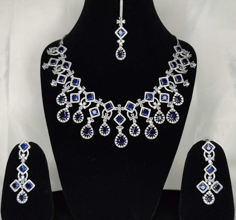 Blue Cz Stone Party Wear American Diamond Necklace Set