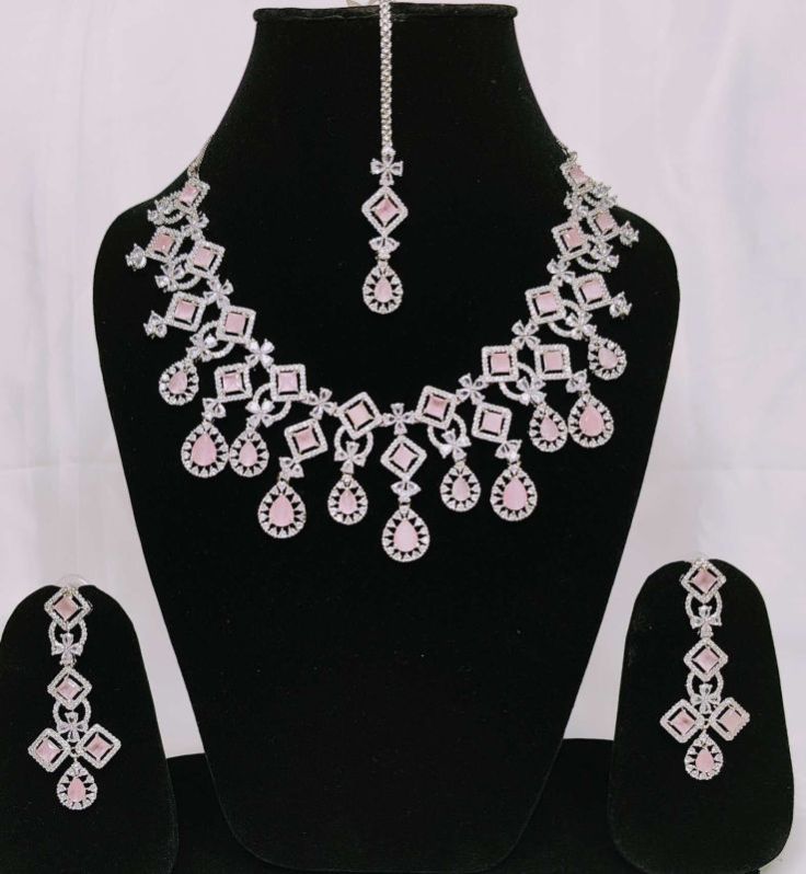 American Diamond Necklace Set Pink Cz Stone Party Wear Premium Design Jewelery