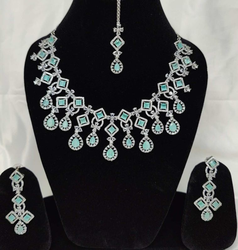 American Diamond Necklace Set Sea Green Cz Stone Party Wear Premium Design Jewelery