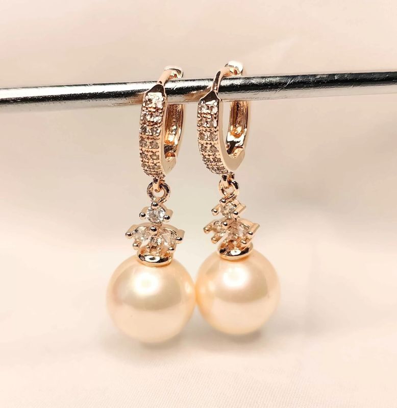 Beautiful Design Zirconia Stone Cream Pearl Drop Earrings