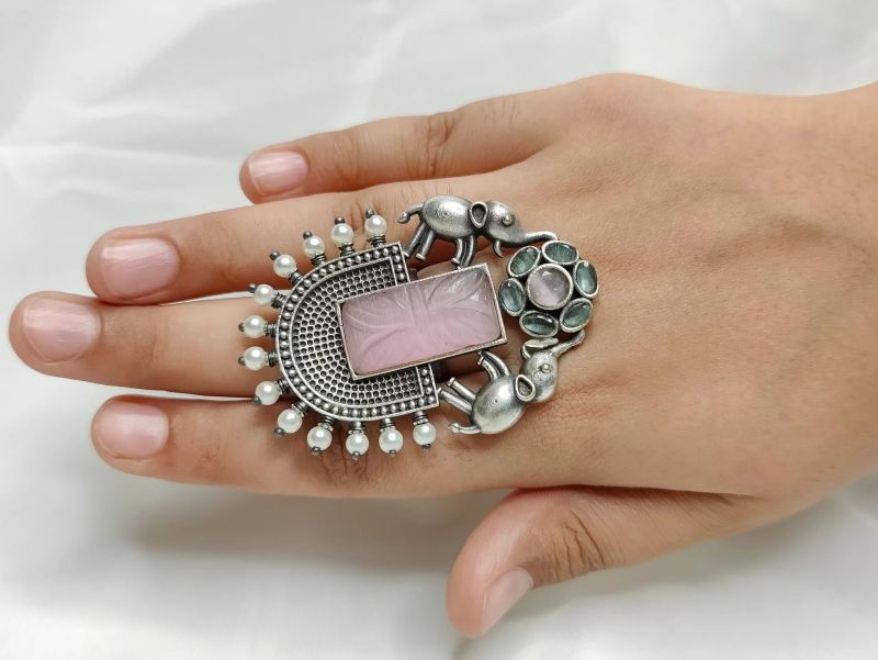 Oxidised Silver Ring Elephant Design Pink Stone For Women & Girls