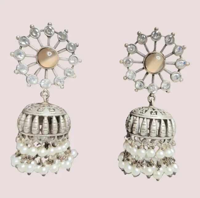 Silver Replica Peach Stone Jhumka Earrings For Women and Girls