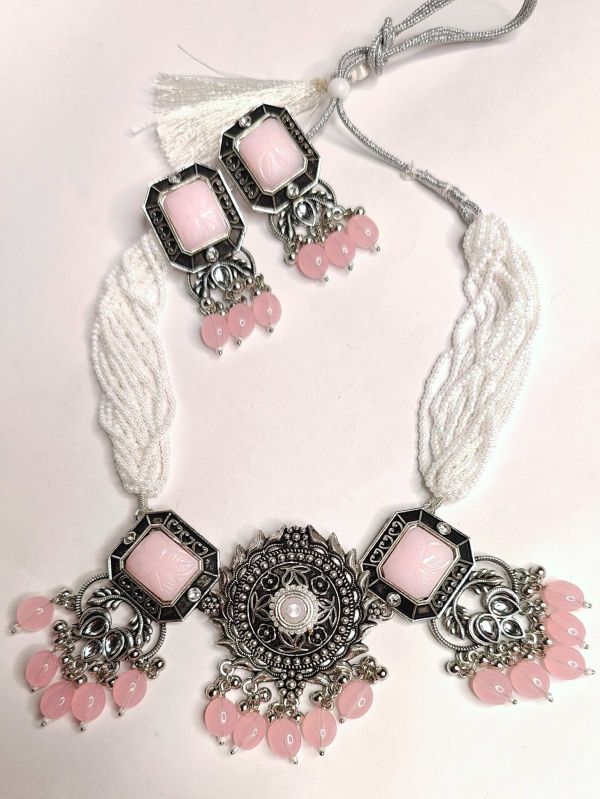 Latest Oxidized Pink and Silver Necklace Set For Women and Girls