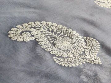 Gray White Paisleys Lakhnawi Embroidered Chanderi Fabric