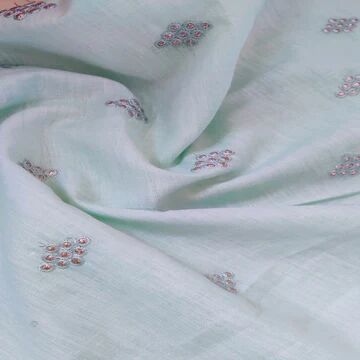 Light Mint Green Motifs Embroidered Zardozi Linen Fabric