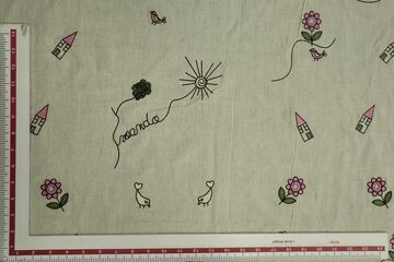 Natural Beige & Pink Quirky Cotton Flax Fabric