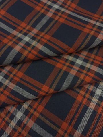 Navy Blue & Orange Checks Yarn Dyed Cotton Fabric