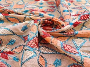 Peach Multicolour Kantha Work Flowers Embroidered Chanderi Fabric