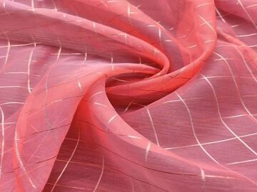 Peach Pink Golden Weaved Checks Organza Fabric