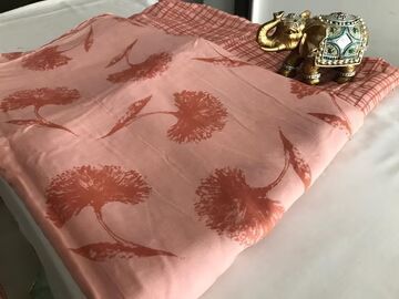 Peach Pink Printed Muslin Silk Fabric Combo