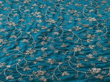 Peacock Blue & Golden Floral Zardozi Glass Silk Georgette Fabric