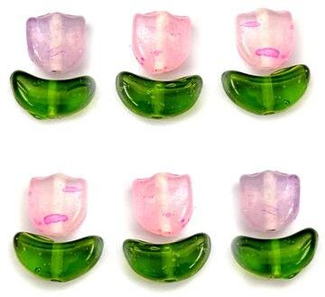 Pink & Green Tulip Flowers Leaves Set Fancy Glass Beads