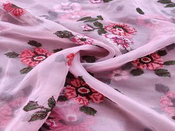 Pink Flowers Thread Embroidered Organza Fabric