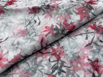 Red Black Floral Printed Organza Fabric