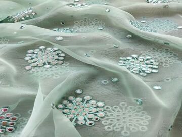 Sea Green Silver Faux Mirror Floral Embroidered Organza Fabric