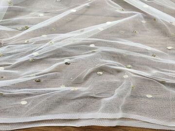 White Dyeable Mono Net With Golden Sequins Net Fabric