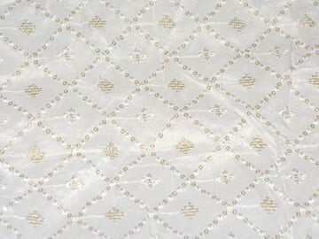 White Geometric Dyeable Lakhnavi Embroidered Viscose Dola Silk Fabric