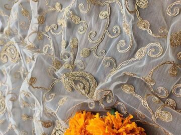 White Golden Paisleys Net Fabric