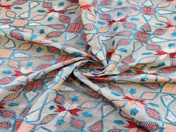 White Multicolour Floral Kantha Embroidered Chanderi Fabric