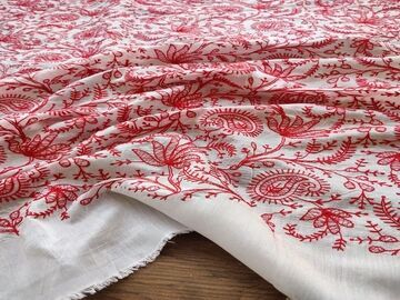White Red Lakhnawi Flowers Embroidered Chanderi Fabric