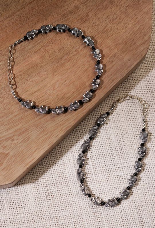 Elephant Charm Black Bead Anklet Set For Women