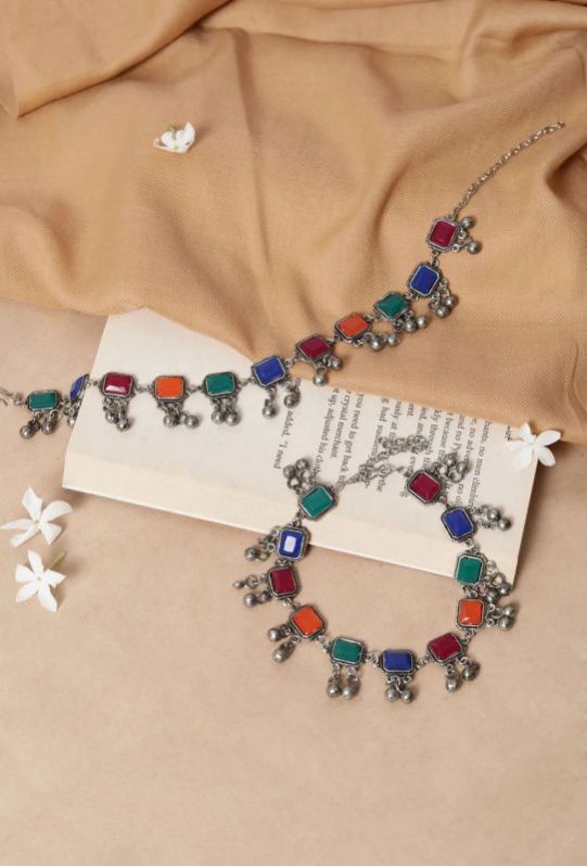 German Silver Multi Colorstone Anklet For Women