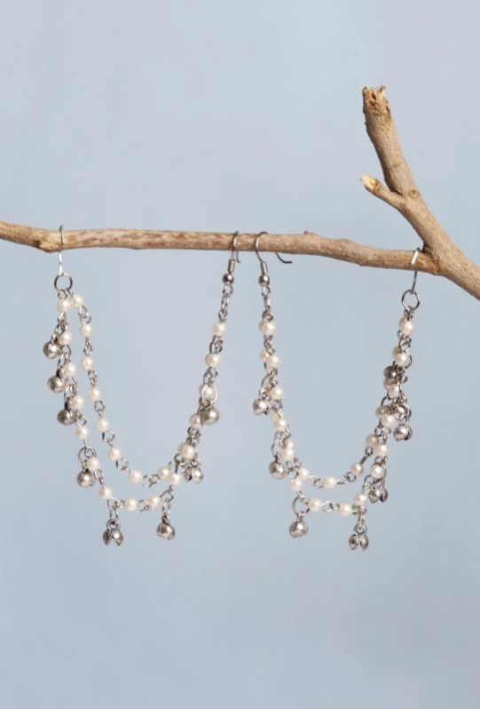 German Silver Two Layer Pearl With Ghunghru  Traditional Ear Chain For Women