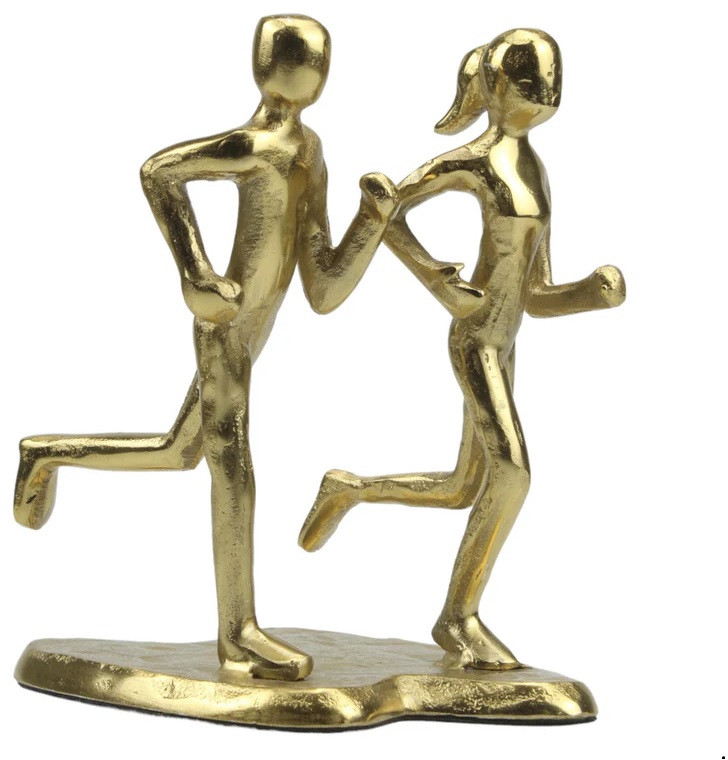 Handcrafted Golden Aluminum Couple Jogging Sculpture Dynamic